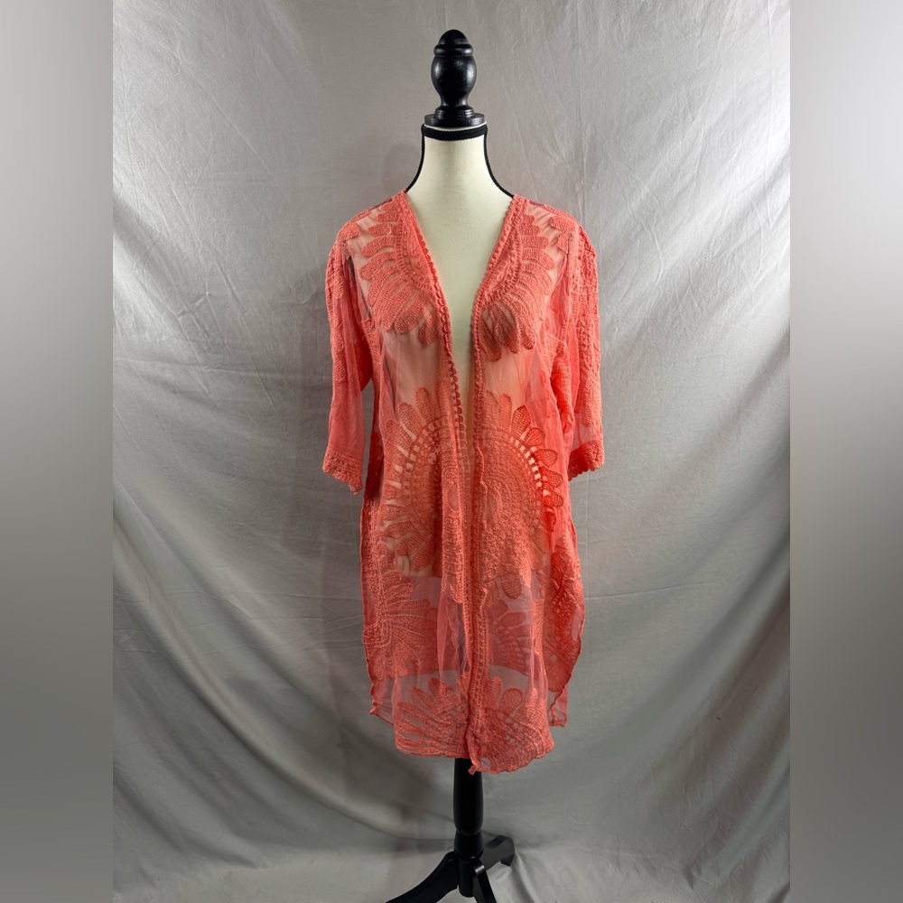 Kimono Cover Up With Cropped Sleeves Coral Orange - Picture 5 of 7